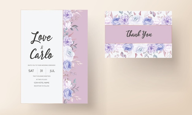 Beautiful wedding invitation card with purple flowers