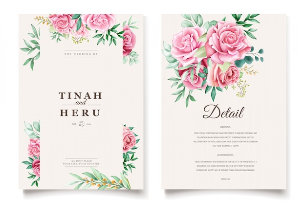 Beautiful wedding invitation card with watercolor floral wreath