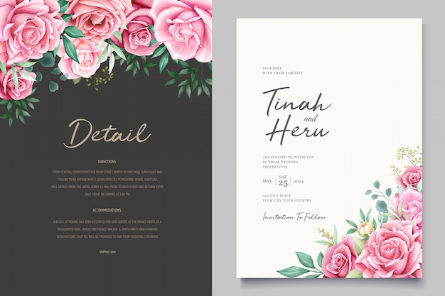 Beautiful wedding invitation card with watercolor floral wreath