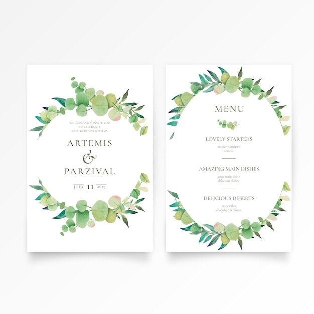 Free vector beautiful wedding invitation and menu template with floral ornaments