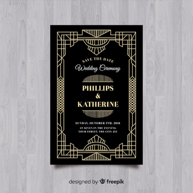 Free vector beautiful wedding invitation template in art deco design