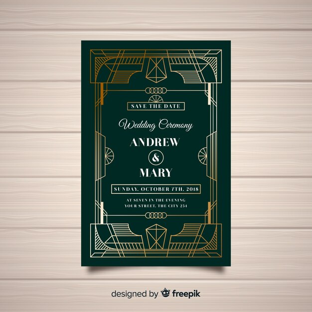 Красивый шаблон приглашения на свадьбу в стиле арт-деко