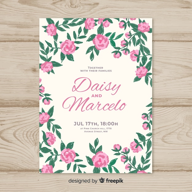 Free vector beautiful wedding invitation template with peony flowers