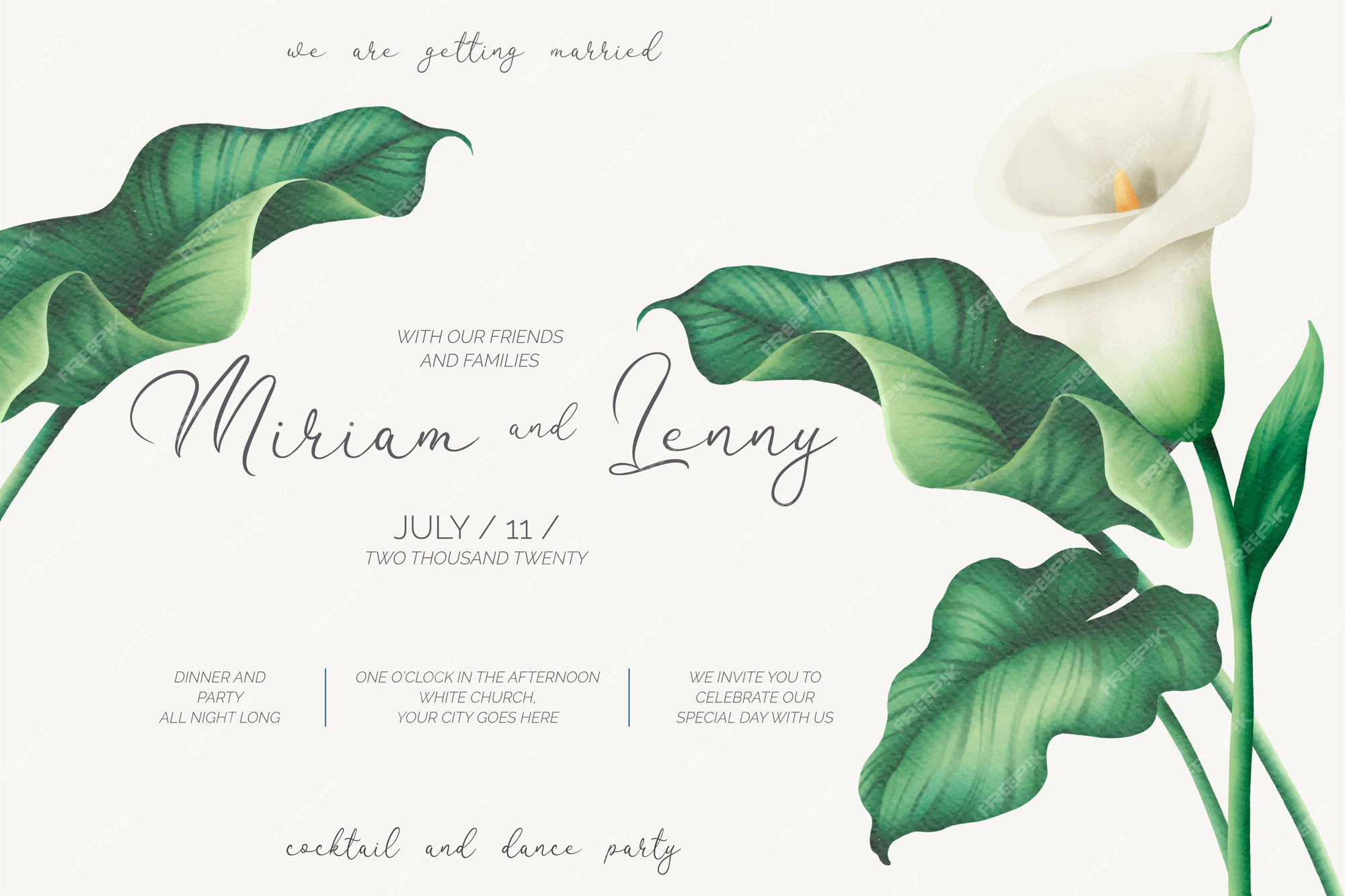 Free Vector | Beautiful wedding invitation template with white lilies