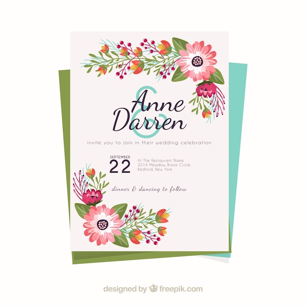 Free vector beautiful wedding invitation with colored flowers