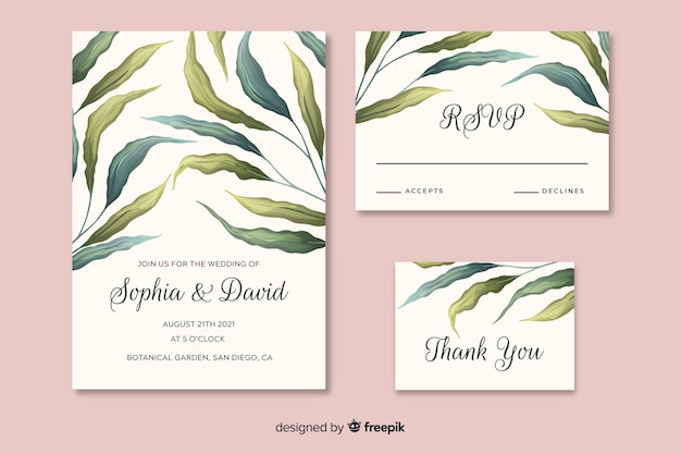 Free vector beautiful wedding invitation with hand drawn leaves