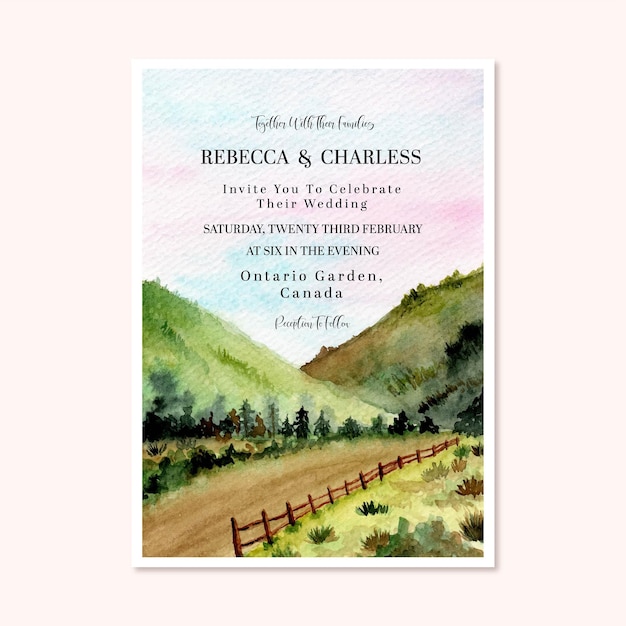 Beautiful Wedding Invitation With Watercolor Landscape Background