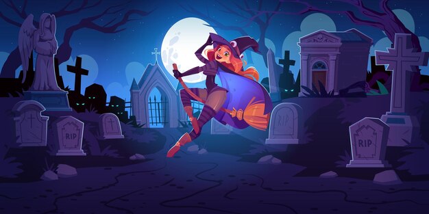 Красивая ведьма на кладбище ночью с рыжей женщиной в жуткой шляпе, летящей на метле