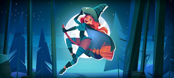 Free Vector beautiful witch fly on broom halloween character