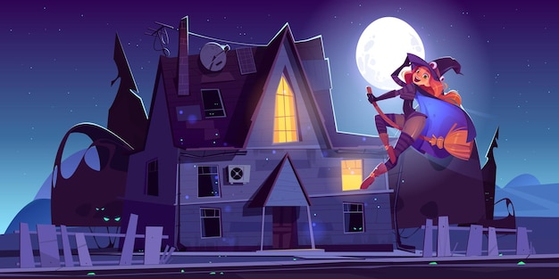 Beautiful witch flying on broom near haunted house cartoon illustration