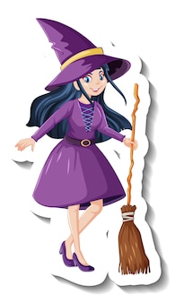 Beautiful witch holding broomstick cartoon character sticker