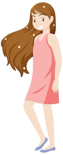 У красивой женщины длинные волосы в розовом платье