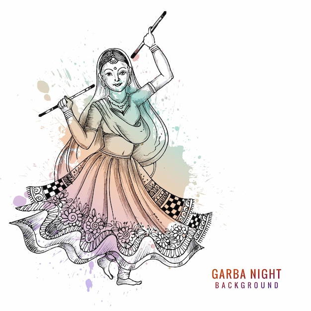 Vettore gratuito bella donna che gioca dandiya in discoteca garba night sketch design