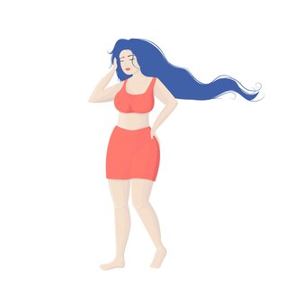 건강한 긴 파란 머리를 가진 아름다운 여자 플러스 크기. 백인과 유럽 소녀의 몸은 양성입니다. 모발 관리, 활동적인 건강한 생활 방식
