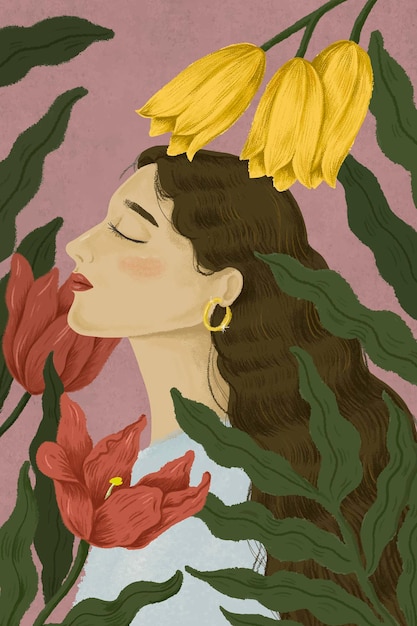 Free vector beautiful woman surrounded by nature illustration