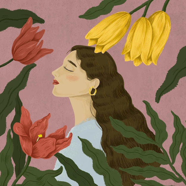 Free vector beautiful woman surrounded by nature illustration