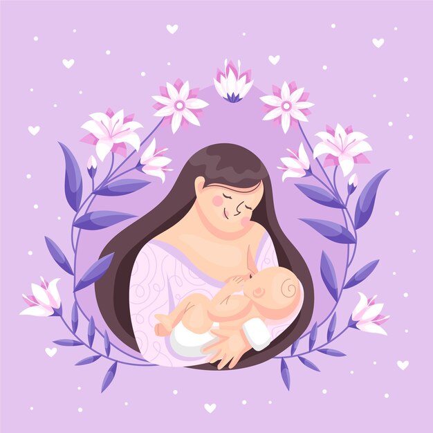 beautiful woman with her baby breastfeeding illustrated
