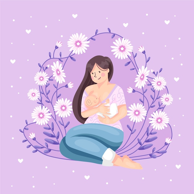 Beautiful woman with her baby breastfeeding illustrated