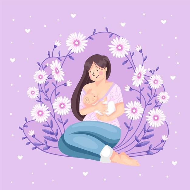 beautiful woman with her baby breastfeeding illustrated