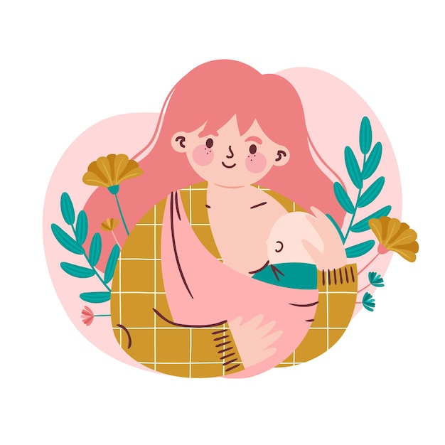 Beautiful woman with her baby breastfeeding illustrated