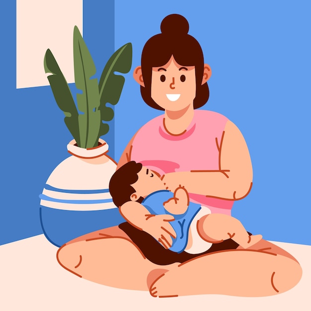 Beautiful woman with her baby breastfeeding illustrated