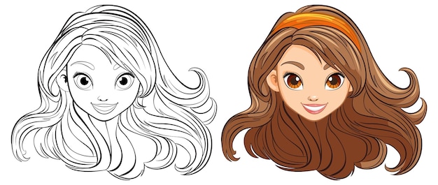 Free vector beautiful woman with long hair doodle outline coloring pages