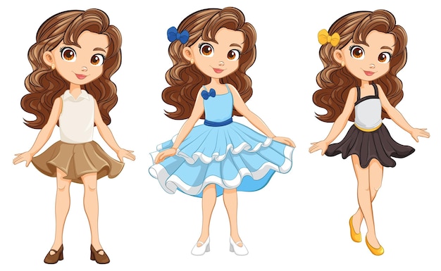 Free vector beautiful women with cartoon characters in various dresses