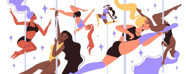 Free vector beautiful women with long hair practising pole dance flat vector illustration