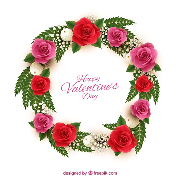 Beautiful wreath with red and pink flowers for valentine's day