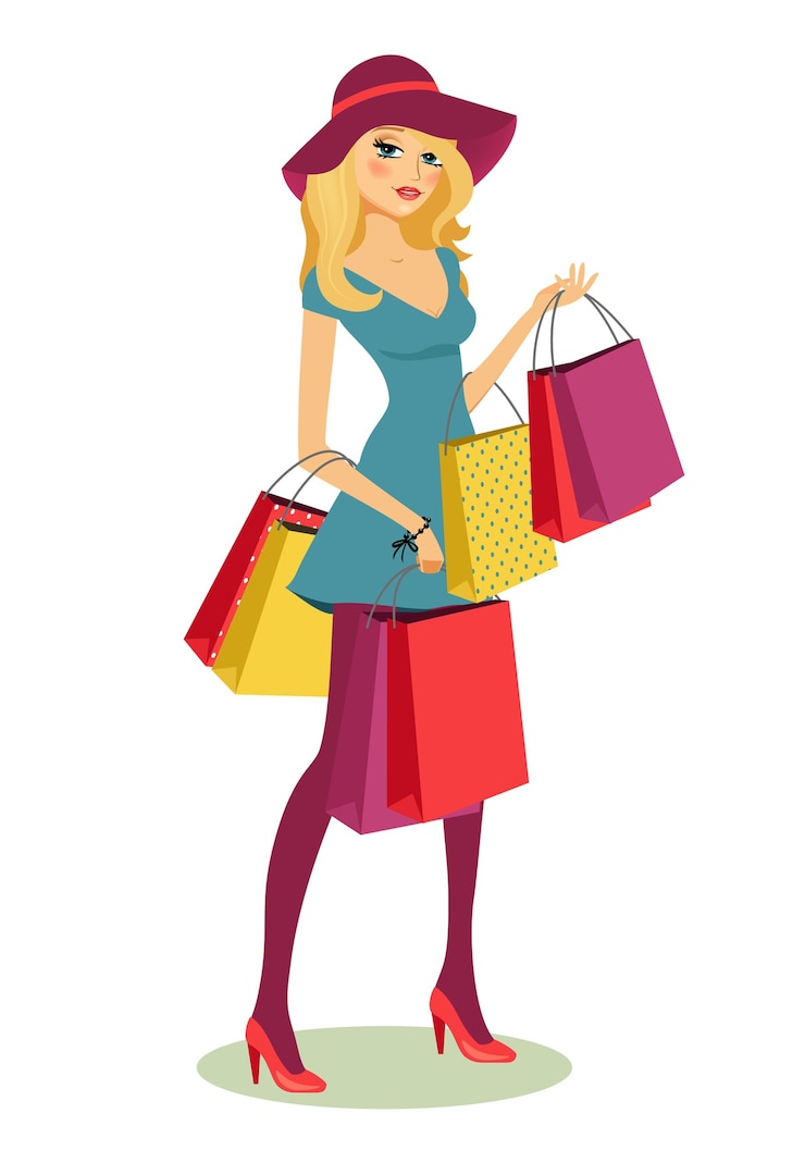 Free Vector beautiful young blond woman after shopping with lots of shopping bags in her hands vector illustration