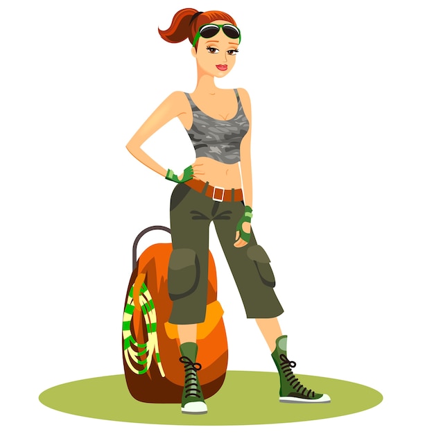 Free vector beautiful young female backpacker in typical trendy touristy clothes