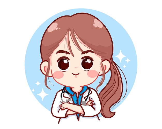Beautiful young female doctor Crossed arms cartoon illustration