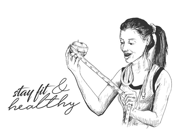 사과 측정 체육관 포스터 다이어트 계획을 가진 아름다운 젊은 건강한 여성