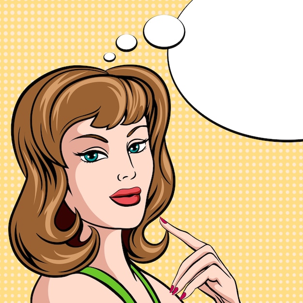 Free vector beautiful young woman in comic pop art style with green eyes and shoulder length brown hair with her finger to her chin and blank thought bubble with copyspace vector illustration