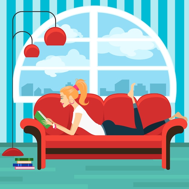 Beautiful young woman reading book on sofa. Lady and house interior, lying sexy girl, wisdom and relax