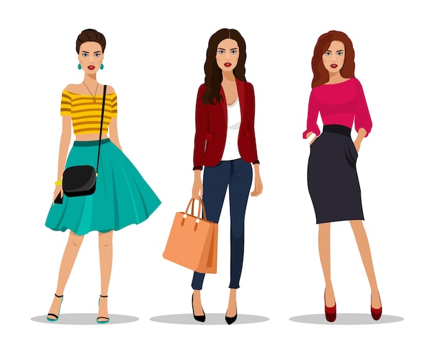 Beautiful young women in fashion clothes. detailed women characters with accessories.    illustration.