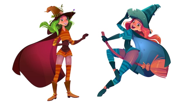 Free vector beautiful young women in witch costumes