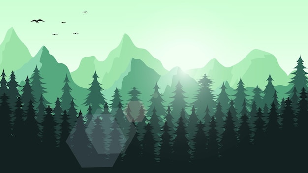 평면 디자인의 beautifull 산 숲 풍경 배경