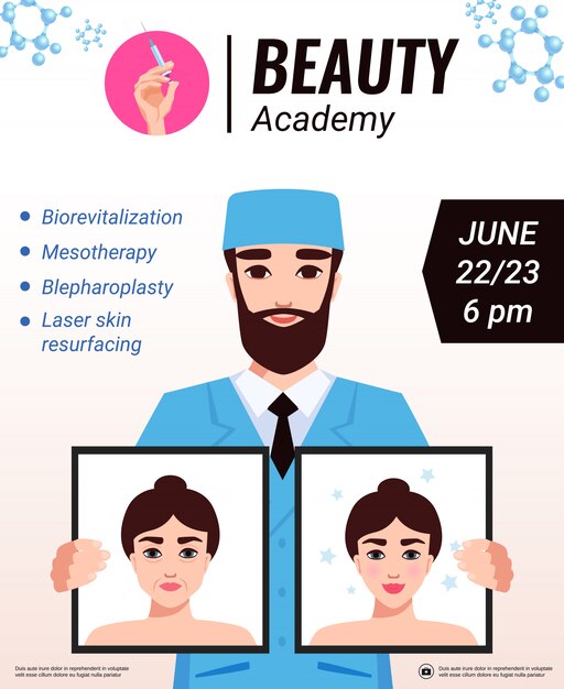 Free vector beauty academy facial rejuvenation workshop announcement poster with cosmetologist presenting skin care treatment results advertising