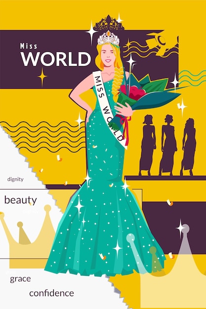 Free vector beauty contest flat collage composition with the winner of the contest in the green dress with flowers in her hands vector illustration