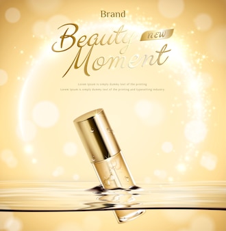 Beauty moment droplet bottle float in water on golden glittering background in 3d illustration