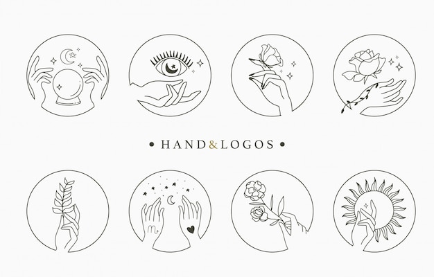 Beauty occult logo collection with hand,geometric,crystal,moon,eye,star. illustration for icon,logo,sticker,printable and tattoo