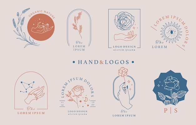 Beauty occult logo collection with hand,geometric,rose,moon,star,flower.vector illustration for icon,logo,sticker,printable and tattoo