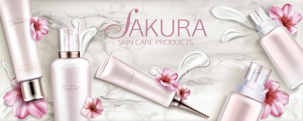 Free vector beauty product line with sakura flowers and cream smear brush strokes on marble background. cosmetic cream, serum, spray, tubes packaging design realistic 3d vector