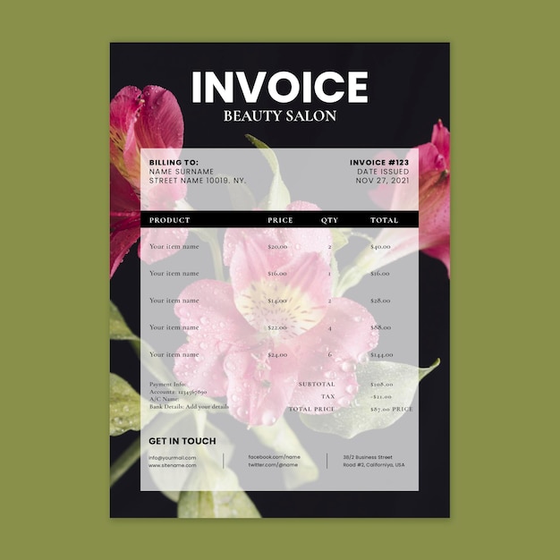 Free vector beauty salon invoice template