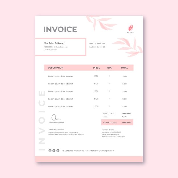 Beauty salon minimalist invoice template