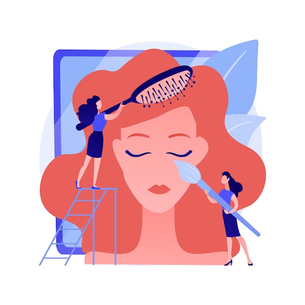 Beauty salon services. Professional makeup, stylish haircut, luxury cosmetics. Hairdresser making female hairdo. Client enjoying hairsalon procedures. Vector isolated concept metaphor illustration