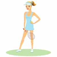 Free vector beauty in tennis uniform wearing a peak with her hair in a ponytail posing holding a racquet