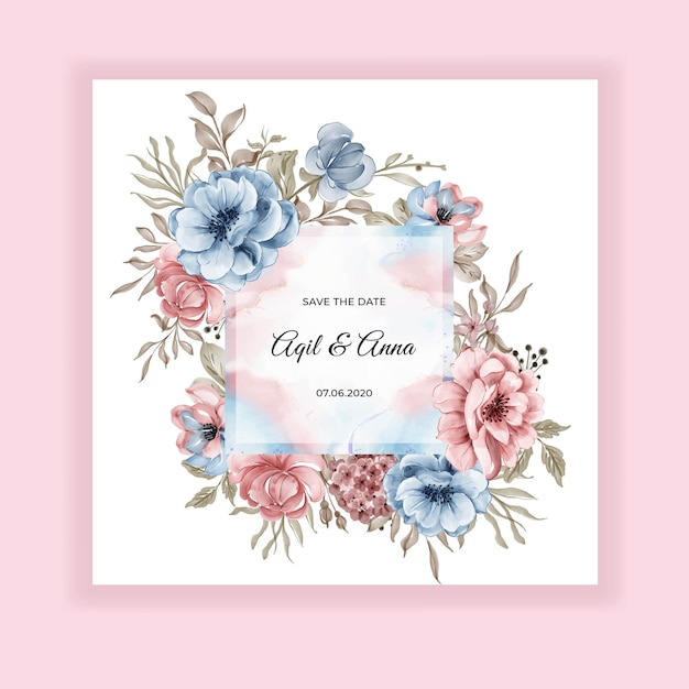 ピンクの青い花と美容結婚式花フレーム招待状