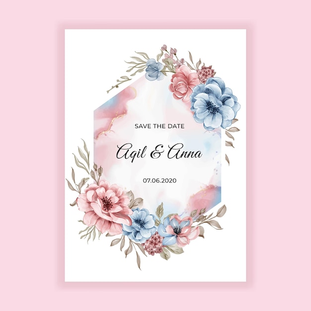 Beauty Wedding floral invitation card with pink blue flowers